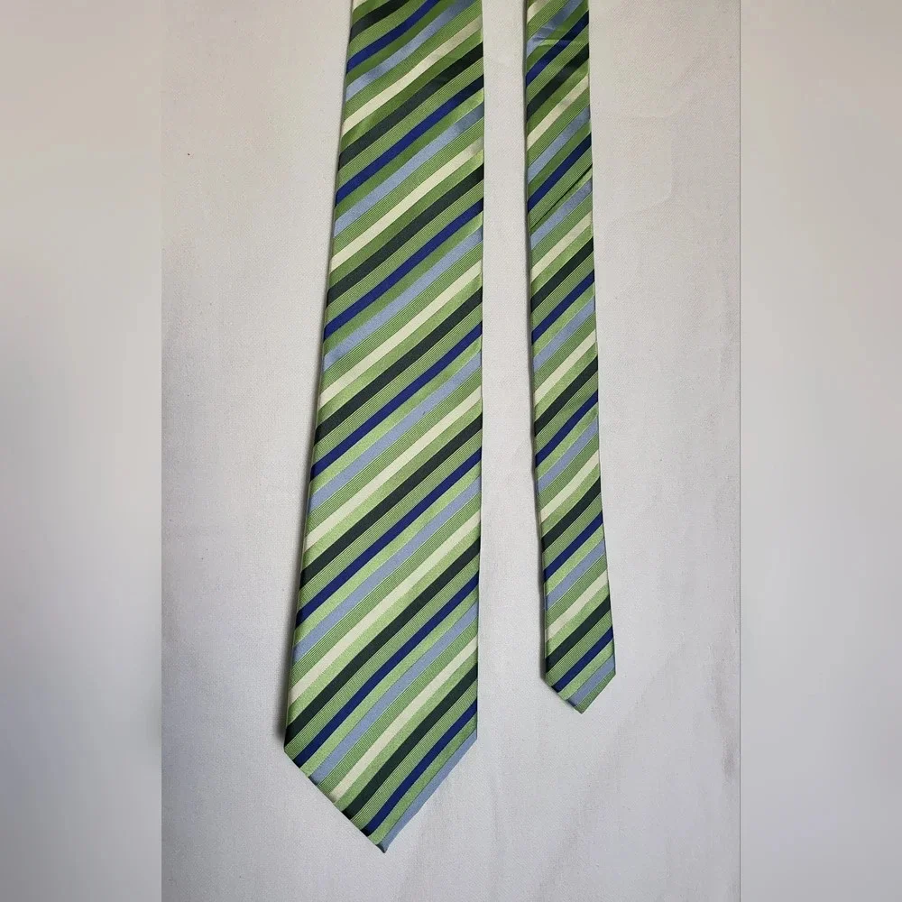 Geoffrey Beene Preppy Blue Green 100% Silk Striped Career Tie Vintage‎